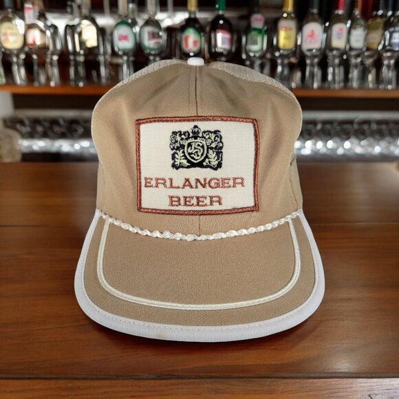 Erlanger Beer Rope Trucker Snapback Hat Cap‎ Vtg 80s Brown Mesh Patch Drawstring - Picture 1 of 7